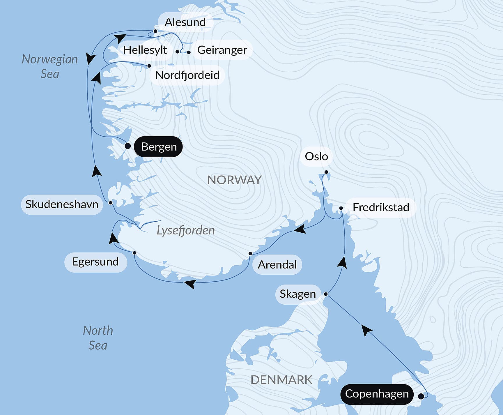 Scandinavian cities and Norwegian fjords
