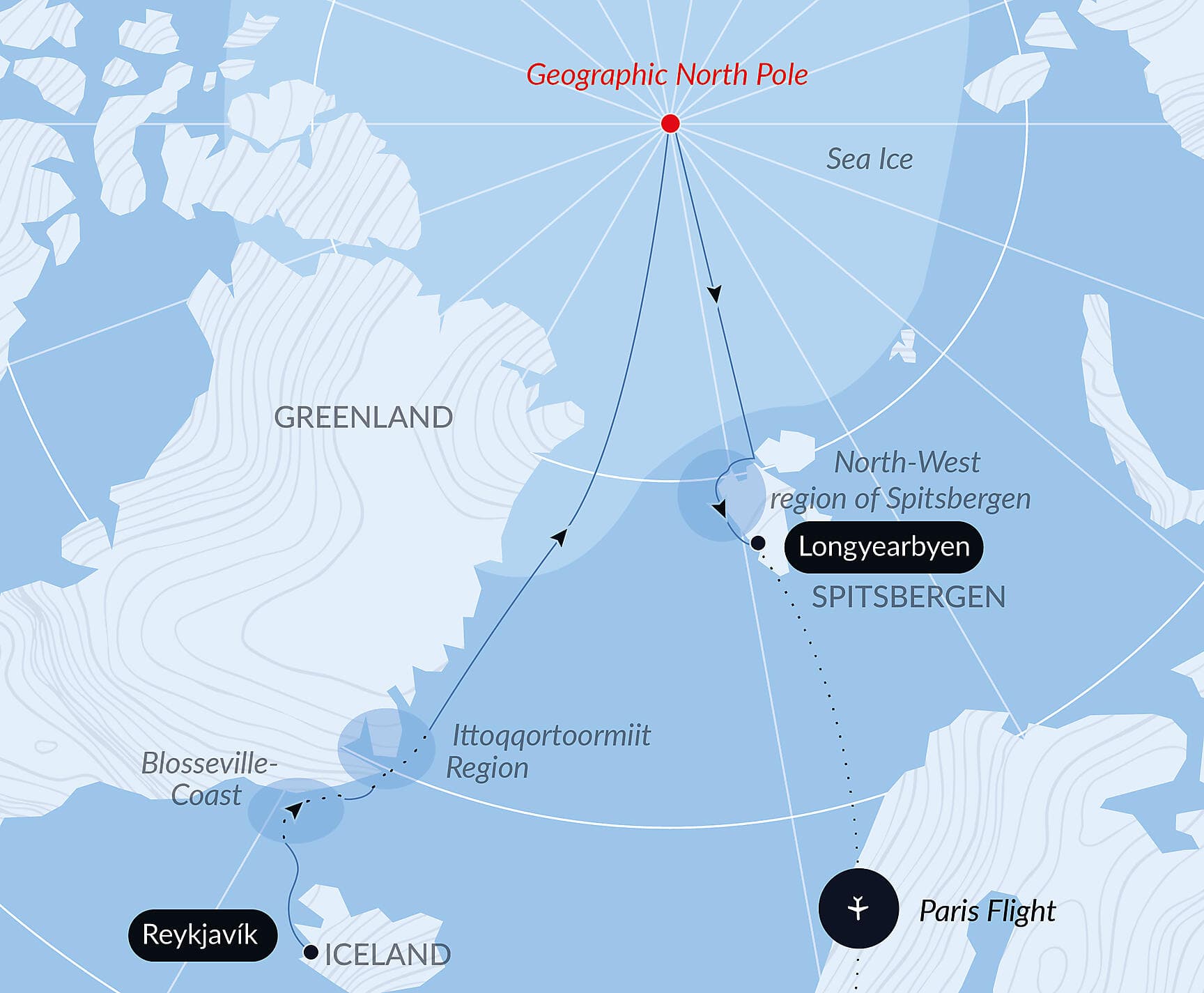 The Geographic North Pole and the east coast of Greenland