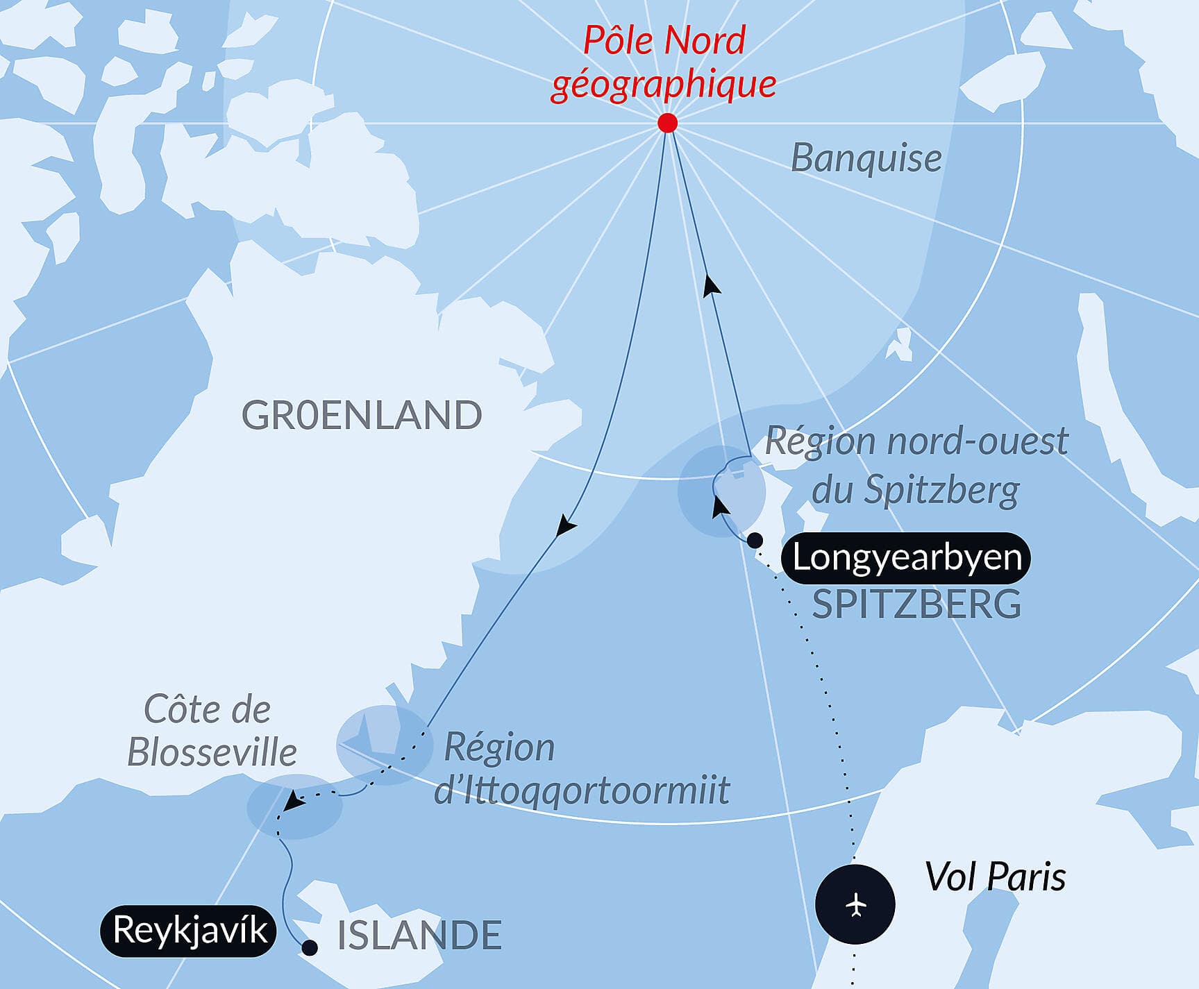 The Geographic North Pole and the east coast of Greenland